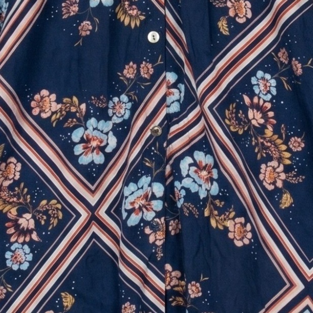 LC Lauren Conrad Blouse Women Large Blue Floral Diamond‎ Puff Sleeve Boho Top - Picture 8 of 13